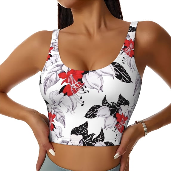 Sports Bra For Women, Red White Flowers Black Sports Bras For Women High Support, Workout Tank Tops Woman With Removable Cups