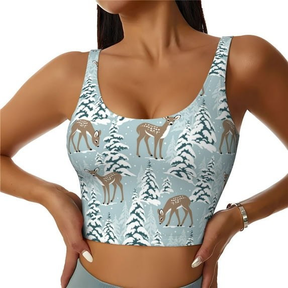 Sports Bra For Women, Snow Scene Cute Deer Tree Sports Bras For Women High Support, Workout Tank Tops Woman With Removable Cups