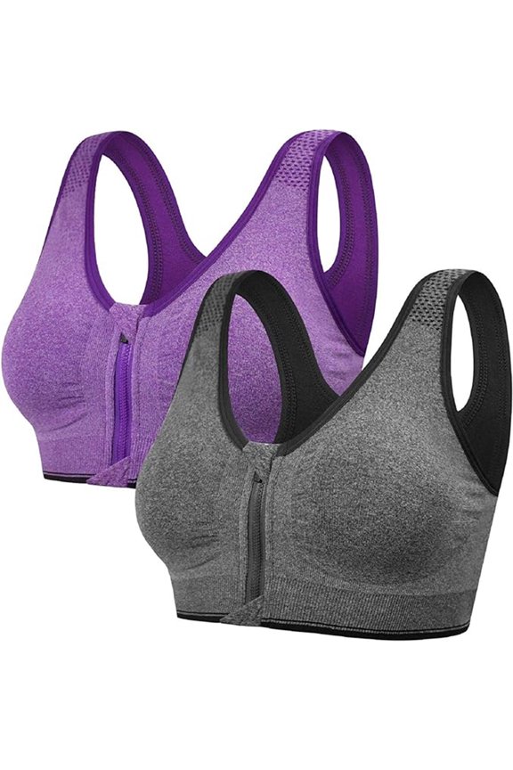 Sports Bra Padded Elasticity Bustier Yoga Bra Without Underwire Push Up Zip Front Sports Bra Strong Support Double Straps Big Breasts for Fitness Running Jogging Top(L)