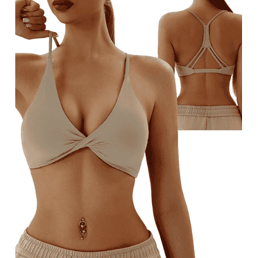 Sports Bra for Women Sexy Workout Yoga Bra Backless Thin Strappy Halter Criss Cross Removable Padding Light Support Athletic Gym Crop Top