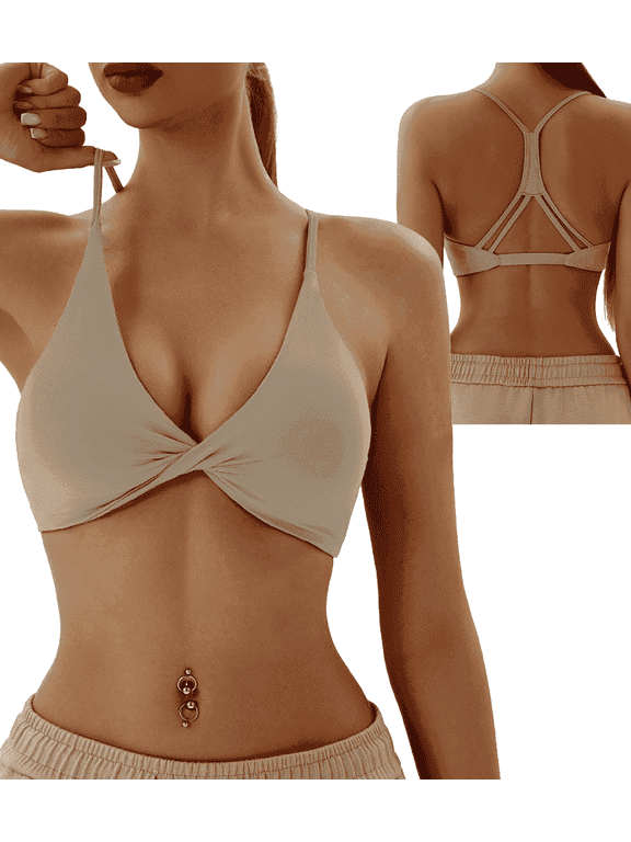 Sports Bra for Women Sexy Workout Yoga Bra Backless Thin Strappy Halter Criss Cross Removable Padding Light Support Athletic Gym Crop Top
