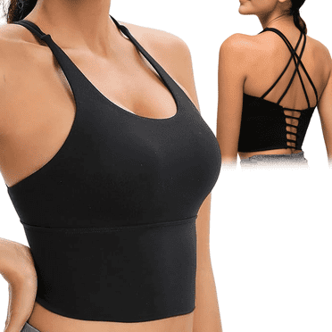 Sports Bra for Women Crop Tank Strappy Medium Support Padded Yoga Top Criss Cross Open Back Removable Cups for Workout Running Black