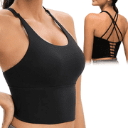 Sports Bra for Women Crop Tank Strappy Medium Support Padded Yoga Top Criss Cross Open Back Removable Cups for Workout Running Black