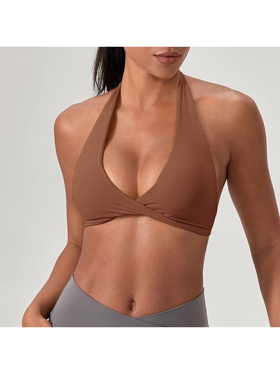 Sports Bra for Women Seamless Halter Padded Yoga Bras Open Back Gym Low Impact Workout Crop Tank Top Brown M