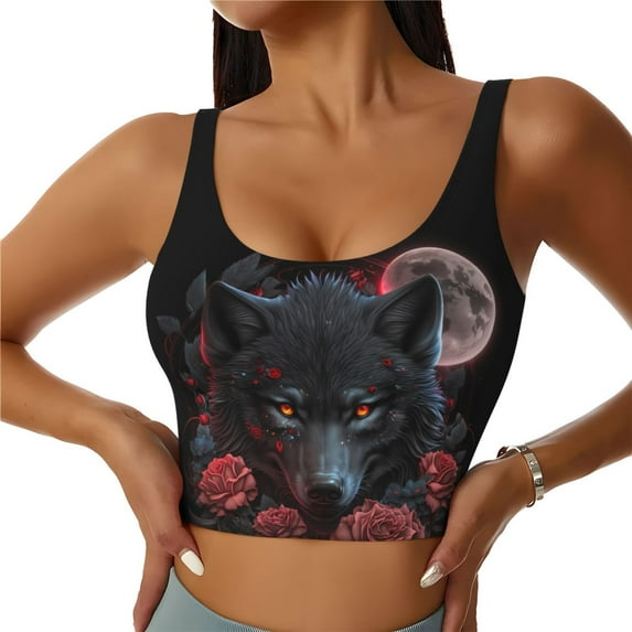 Sports Bras For Women - Rose Full Moon Black Wolf Seamless Yoga Bra Workout Crop Top With Removable Cups