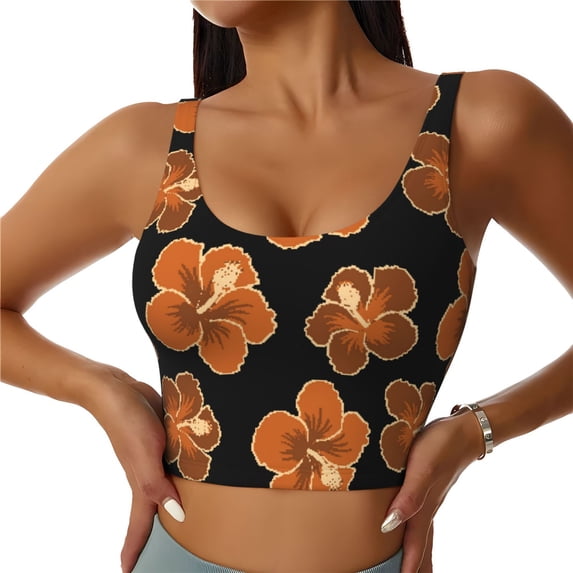Sports Bras For Women Workout Tank Tops, Black Orange Flower Running Vest With Removable Cups