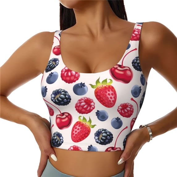 Sports Bras For Women Workout Tank Tops, Blueberry Red Print Running Vest With Removable Cups