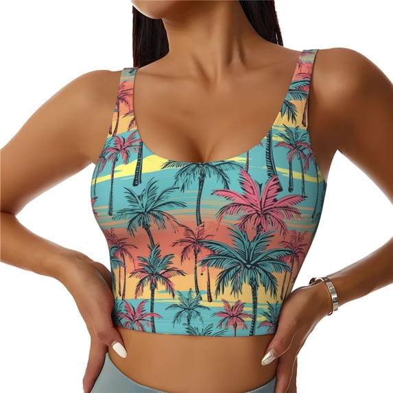 Sports Bras For Women Workout Tank Tops, Colorful Hawaii Palms Running Vest With Removable Cups