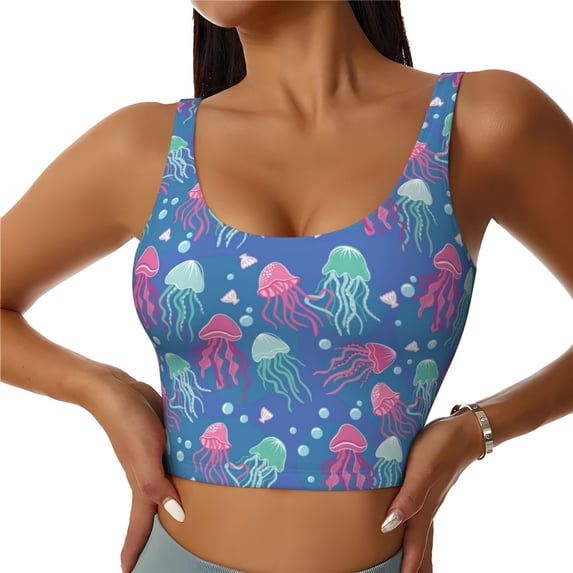 Sports Bras For Women Workout Tank Tops, Cute Green Pink Jellyfish Running Vest With Removable Cups