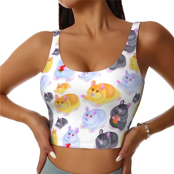 Sports Bras For Women Workout Tank Tops, Cute Hamster Black White Yellow Running Vest With Removable Cups