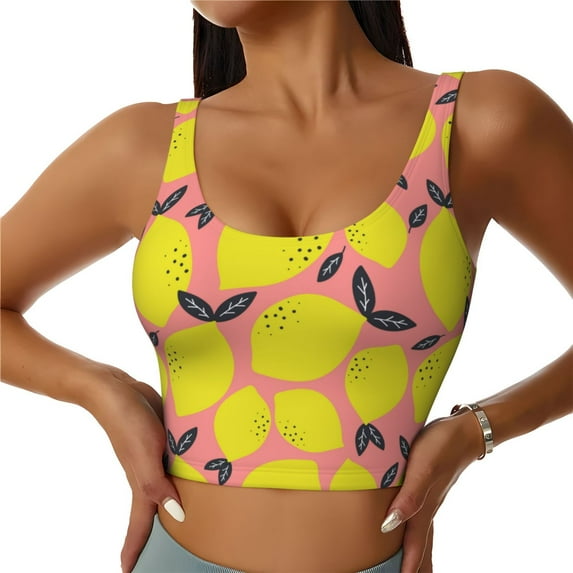 Sports Bras For Women Workout Tank Tops, Cute Lemon Black Leaves Pink Running Vest With Removable Cups