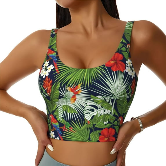 Sports Bras For Women Workout Tank Tops, Cute Parrot Monstera Flower Running Vest With Removable Cups