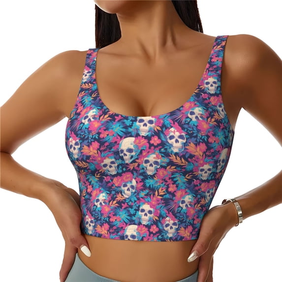 Sports Bras For Women Workout Tank Tops, Flower Skull Leaf Colorful Running Vest With Removable Cups