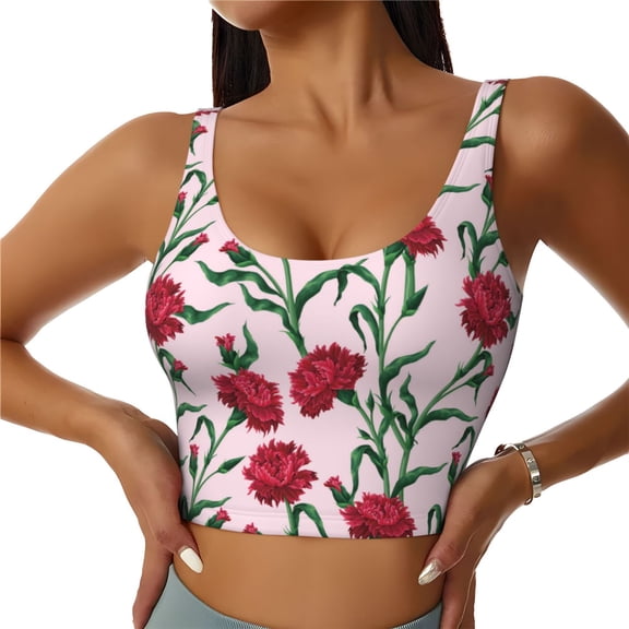 Sports Bras For Women Workout Tank Tops, Green Leaves Carnations Flowers Running Vest With Removable Cups