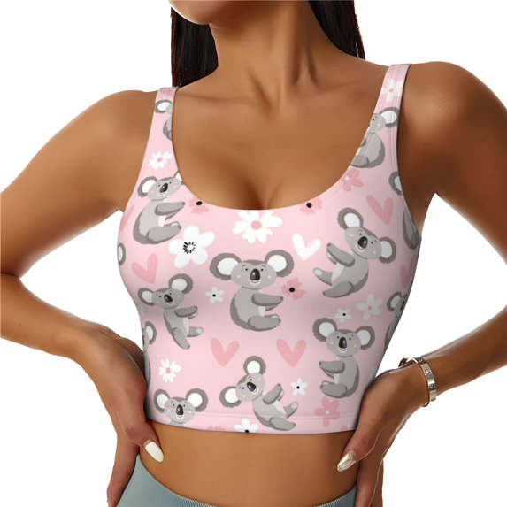 Sports Bras For Women Workout Tank Tops, Koala White Flower Pink Heart Running Vest With Removable Cups