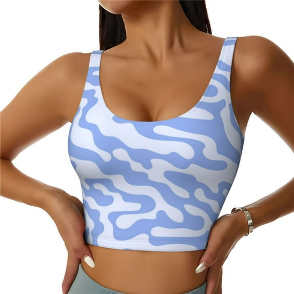 Sports Bras For Women Workout Tank Tops, Light Blue Camouflage Running Vest With Removable Cups