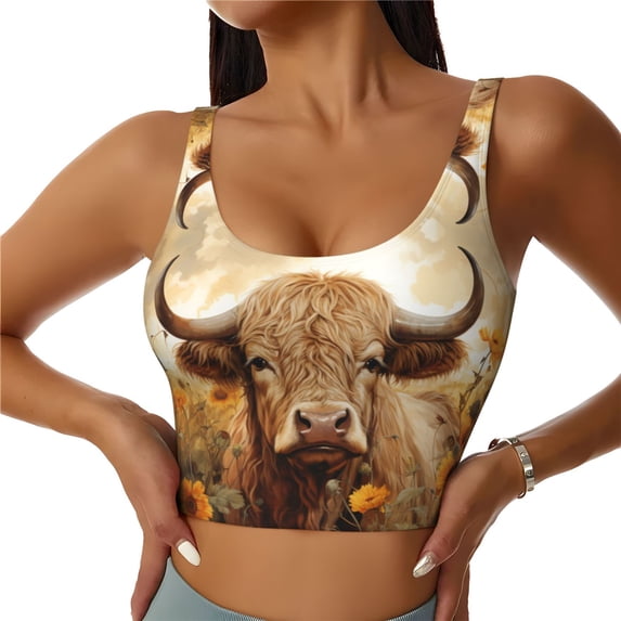 Sports Bras for Women Workout Tank Tops, Vintage Sunflower Cow Running Vest with Removable Cups
