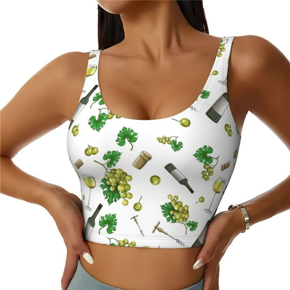 Sports Bras For Women Workout Tank Tops, Wine Print Green Running Vest With Removable Cups