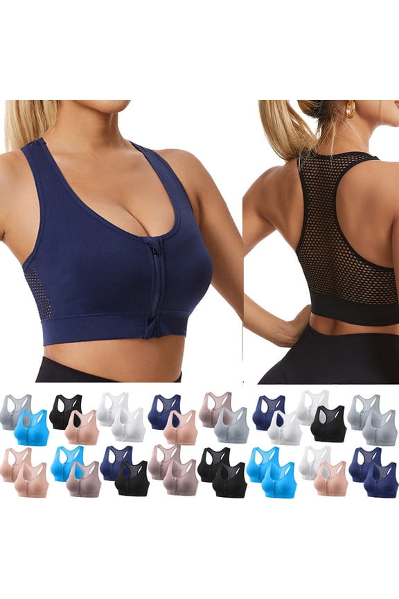 Sports Bras Rack For Women Large Bust High Support Padded Racerback Bras Zip Front Back Mesh Solid Color No Underwire Compression Sports Bra