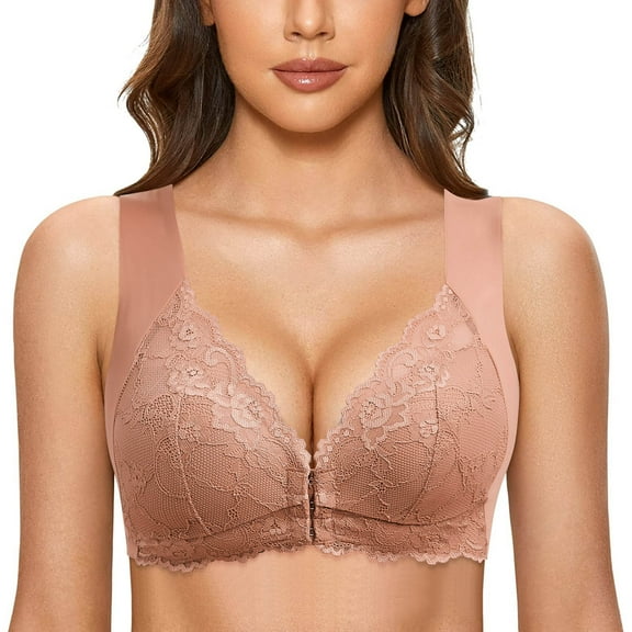 Sports Bras For Women Large Bust Front Closure Bras For Women Wirefree Soft Sexy Floral Lace Bralettes Seamless Full Coverage High Support Bras Coffee,XXXXL