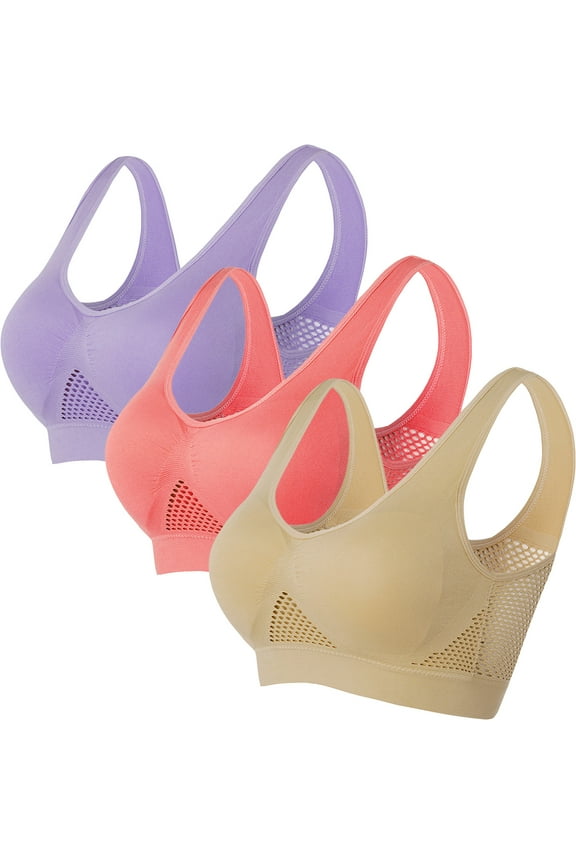 Sports Bras for Women Plus Size S-5X 3 Pack Wireless Push Up Pullover Underwear Breathable Hollow Out Nylon Multipack Workout Yoga Bralettes