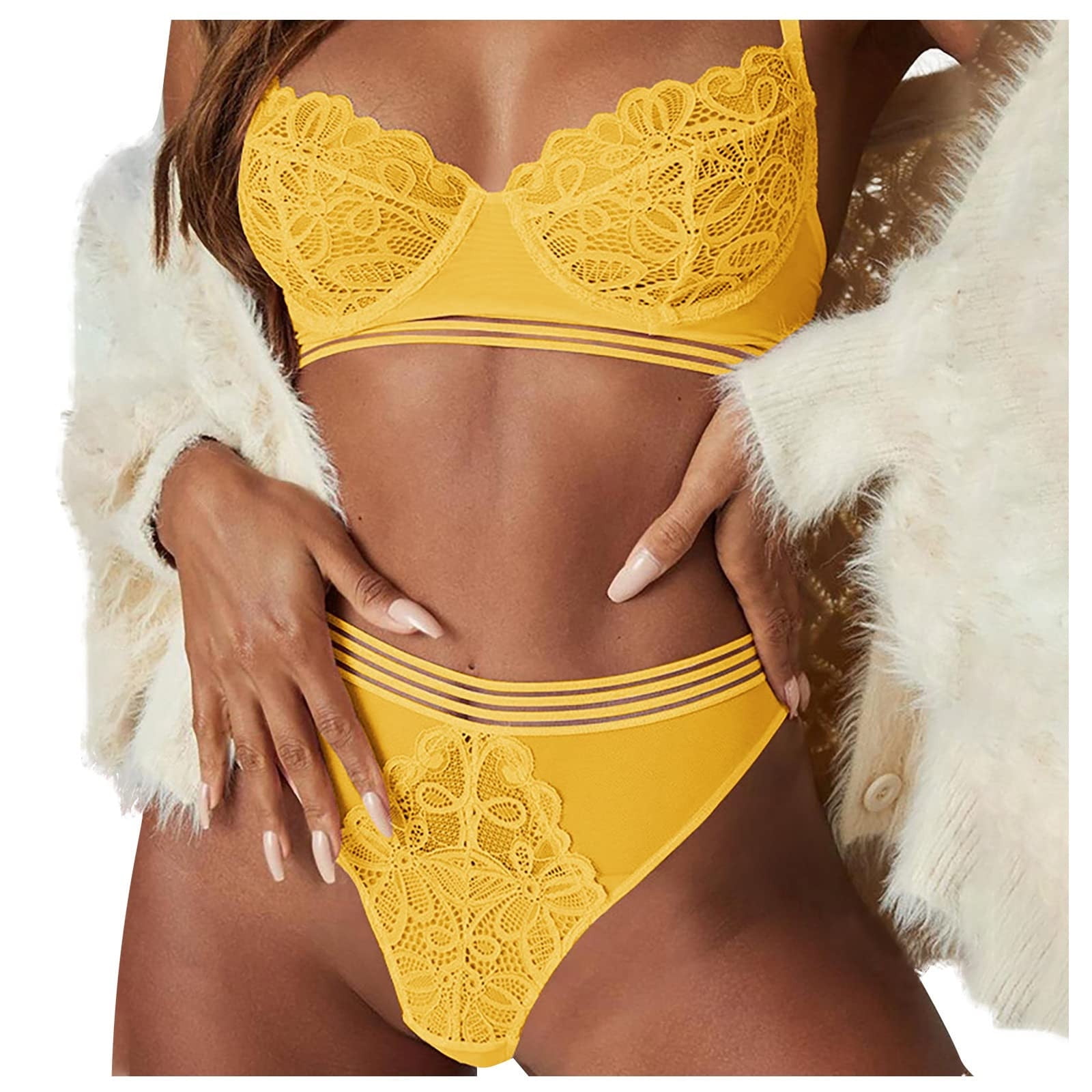 Sports Bras for Women Pumping Bra Women Elegant Lingerie Set Women Elegant  Lace Lingerie Set Strappy Bra and Panty Set Two Piece Crotchless Lingerie  Bras for Women New Yellow,S 