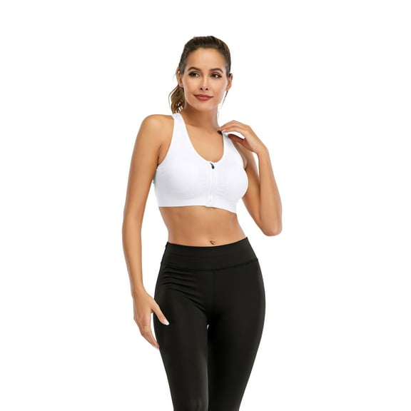 Sports Bras Zipper in Front Workout Bra Low Impact High Support Zip Running Bra Yoga Workout Top, White, L