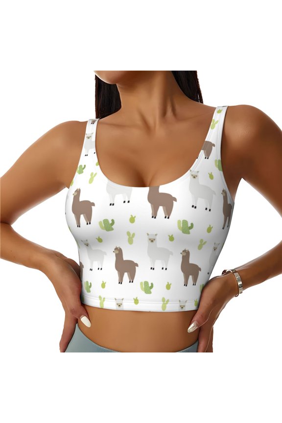 Sports Bras for Women High Support -Abstract Cute Alpaca Cactus Soft Athletic Crop Workout Tank Top for Women