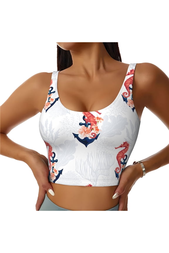 Sports Bras for Women High Support -Aesthetic Anchor Hibiscus Seahorse Grey Soft Athletic Crop Workout Tank Top for Women