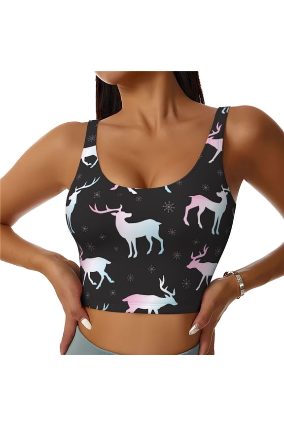 Sports Bras for Women High Support -Aesthetic Moose Snowflakes Black Soft Athletic Crop Workout Tank Top for Women