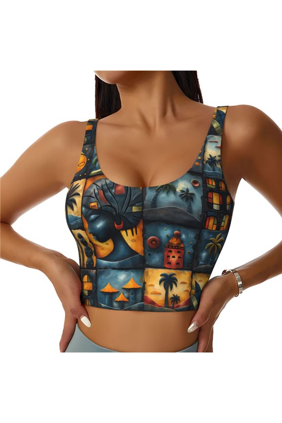 Sports Bras for Women High Support -African Art Tile Mosaic Soft Athletic Crop Workout Tank Top for Women