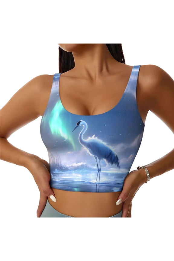 Sports Bras for Women High Support -Aurora Winter Crane Serenity Soft Athletic Crop Workout Tank Top for Women