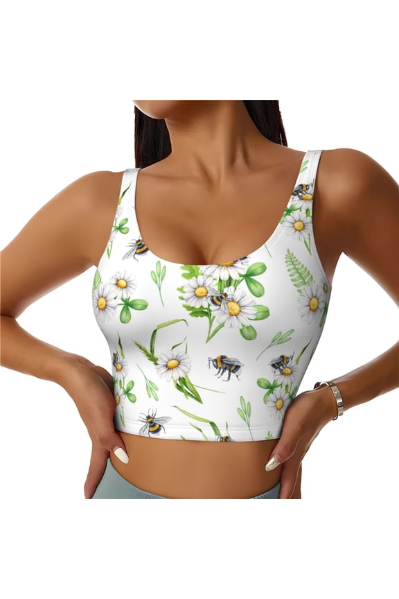 Sports Bras for Women High Support -Bee Bumblebee Daisy Flower Cute Soft Athletic Crop Workout Tank Top for Women