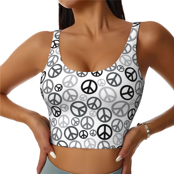 Sports Bras for Women High Support -Black Grey Peace Sign Soft Athletic Crop Workout Tank Top for Women