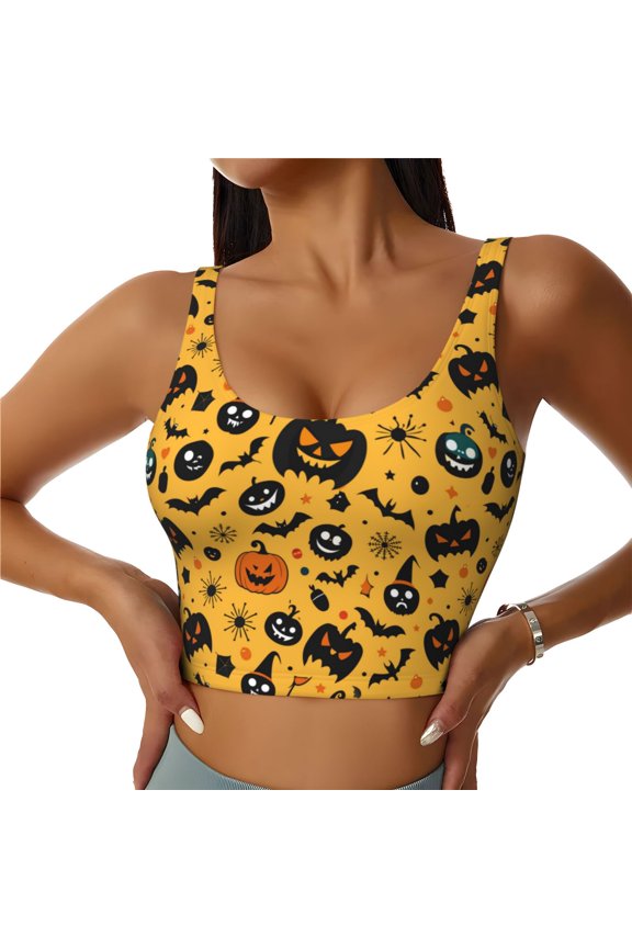 Sports Bras for Women High Support -Black Pumpkin Bat Halloween A Soft Athletic Crop Workout Tank Top for Women