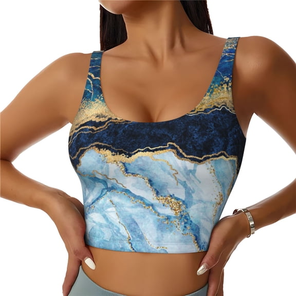 Sports Bras for Women High Support -Blue Marble Gold Foil And Glitter Decor Soft Athletic Crop Workout Tank Top for Women