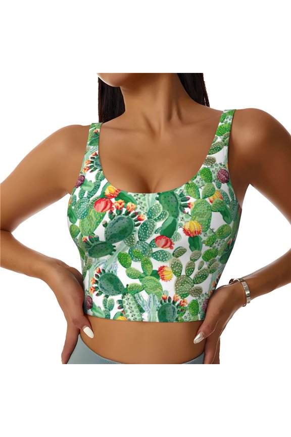 Sports Bras for Women High Support -Cactus Blooming Green Soft Athletic Crop Workout Tank Top for Women