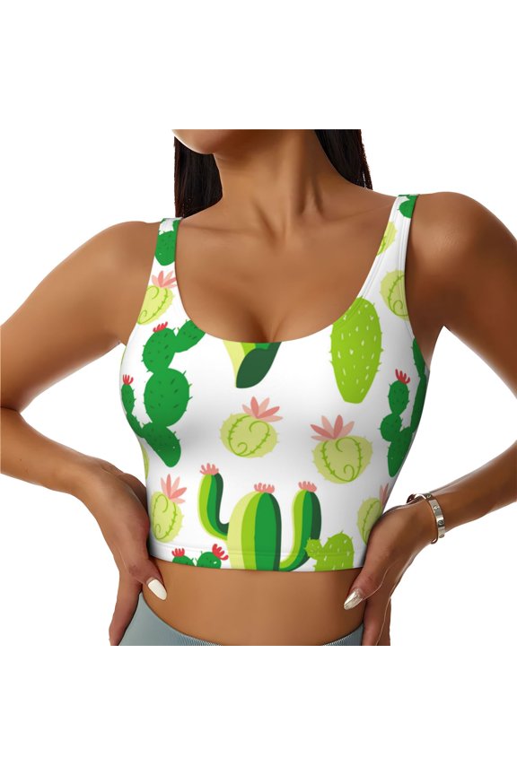 Sports Bras for Women High Support -Cactus Pattern Cartoon Soft Athletic Crop Workout Tank Top for Women