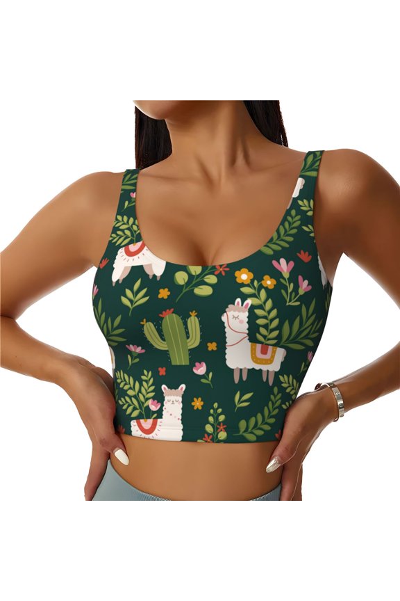 Sports Bras for Women High Support -Cartoon Cute Alpaca Cactus Plant Soft Athletic Crop Workout Tank Top for Women