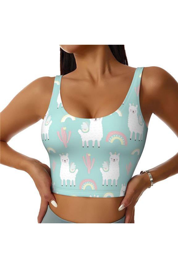 Sports Bras for Women High Support -Cartoon Cute Alpaca Rainbow Cactus Soft Athletic Crop Workout Tank Top for Women