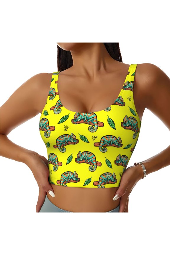Sports Bras for Women High Support -Cartoon Cute Chameleon Lizard_D Soft Athletic Crop Workout Tank Top for Women