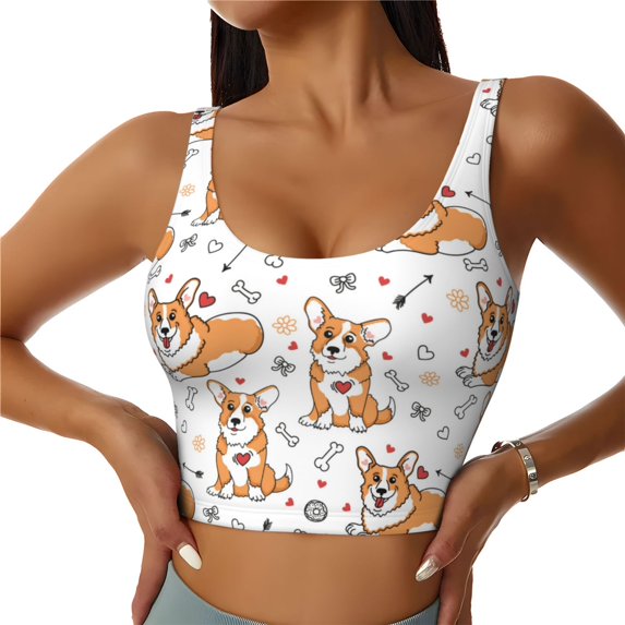 Sports Bras for Women High Support -Cartoon Cute Corgi Dog Love Soft Athletic Crop Workout Tank Top for Women
