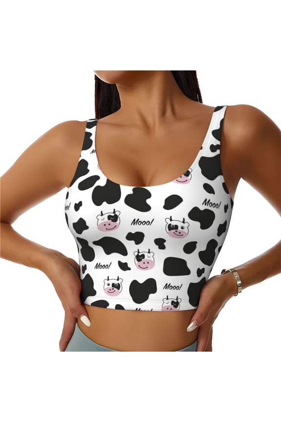 Sports Bras for Women High Support -Cartoon Cute Cow Print Cow Head Soft Athletic Crop Workout Tank Top for Women