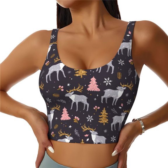 Sports Bras for Women High Support -Cartoon Cute Elk Deer Christmas Soft Athletic Crop Workout Tank Top for Women