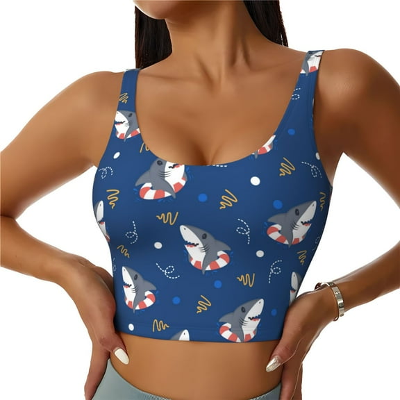 Sports Bras for Women High Support -Cartoon Cute Shark Swim Ring Soft Athletic Crop Workout Tank Top for Women