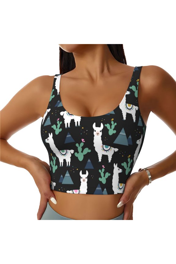 Sports Bras for Women High Support -Cartoon Pyramid Cute Alpaca Cactus Soft Athletic Crop Workout Tank Top for Women