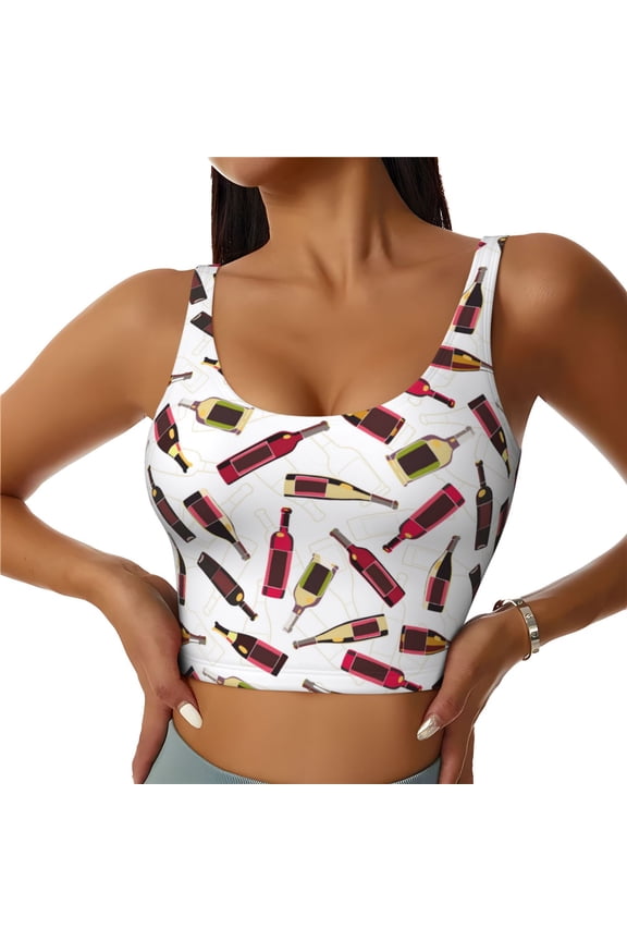 Sports Bras for Women High Support -Cartoon Wine Bottle Print Soft Athletic Crop Workout Tank Top for Women