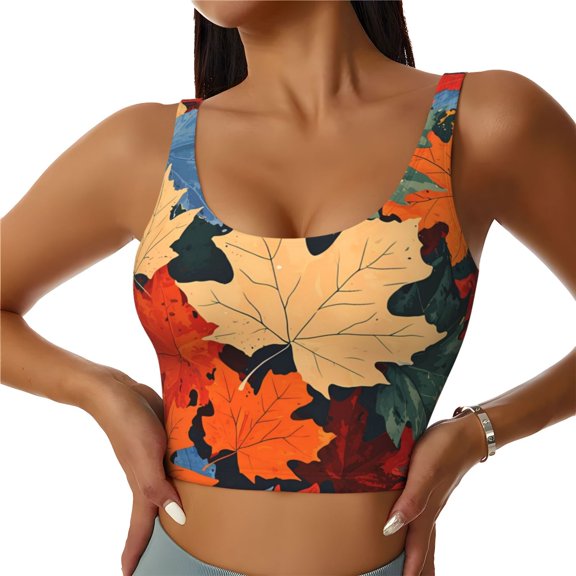 Sports Bras for Women High Support -Colorful Autumn Maple Leaves Soft Athletic Crop Workout Tank Top for Women
