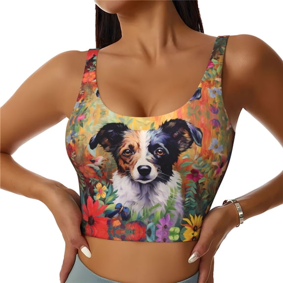 Sports Bras for Women High Support -Colorful Flower Dog Soft Athletic Crop Workout Tank Top for Women