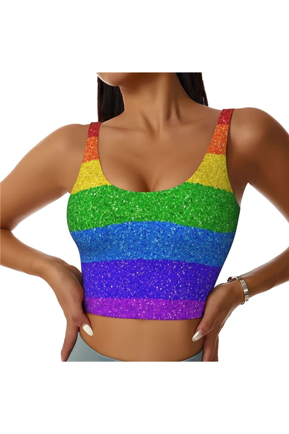 Sports Bras for Women High Support -Colorful Glitter Rainbow Soft Athletic Crop Workout Tank Top for Women